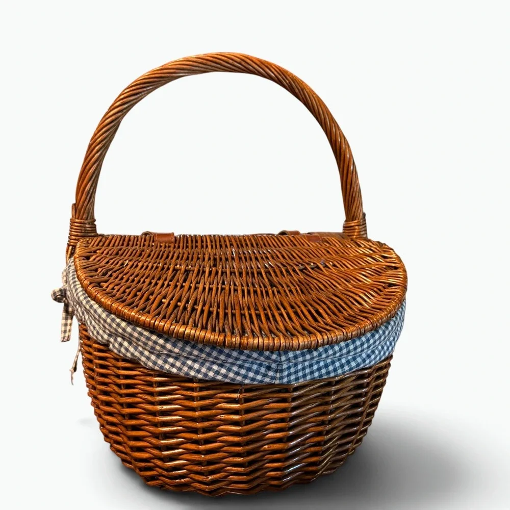 Cottagecore Wicker Picnic Basket Gingham Lined Double Lid Woven Hamper 18x13x9